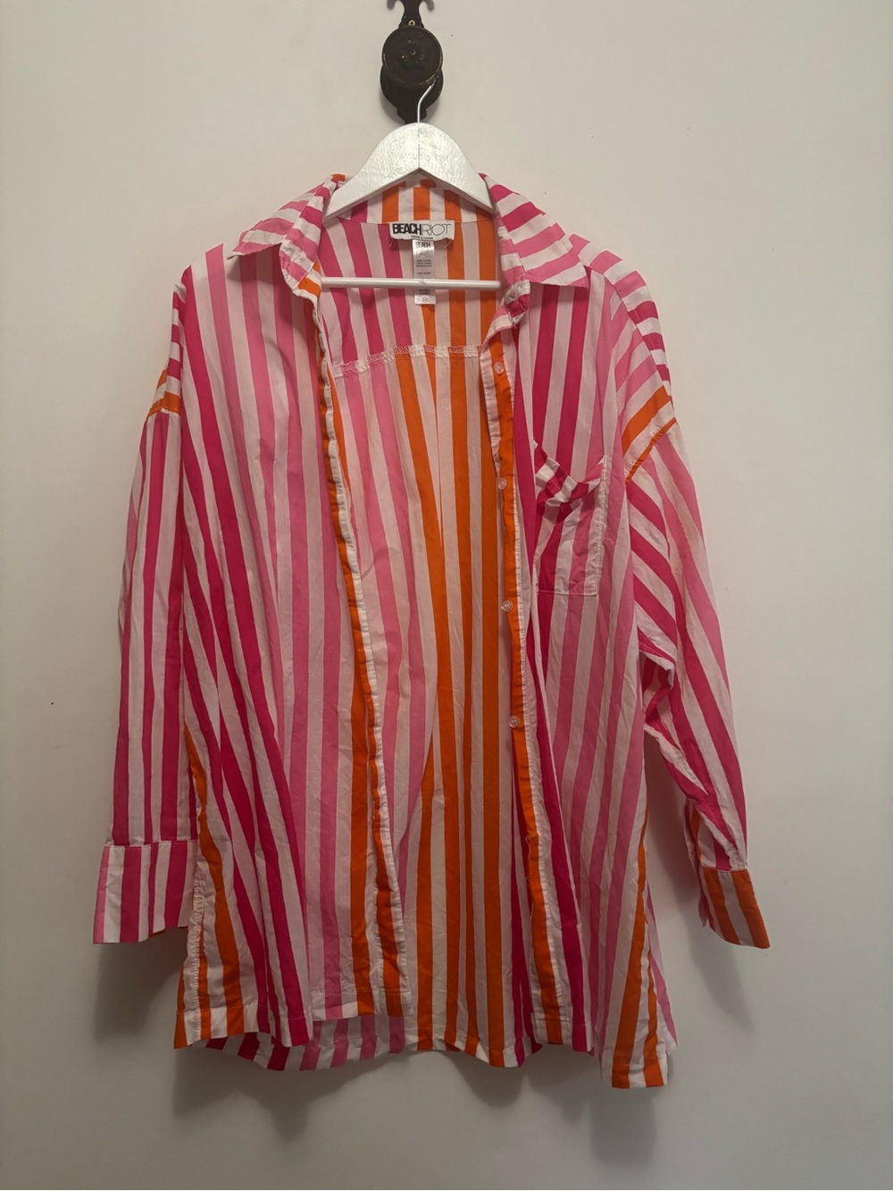 Beach Riot Pink & Orange Stripe Button-Up Shirt 100% Cotton